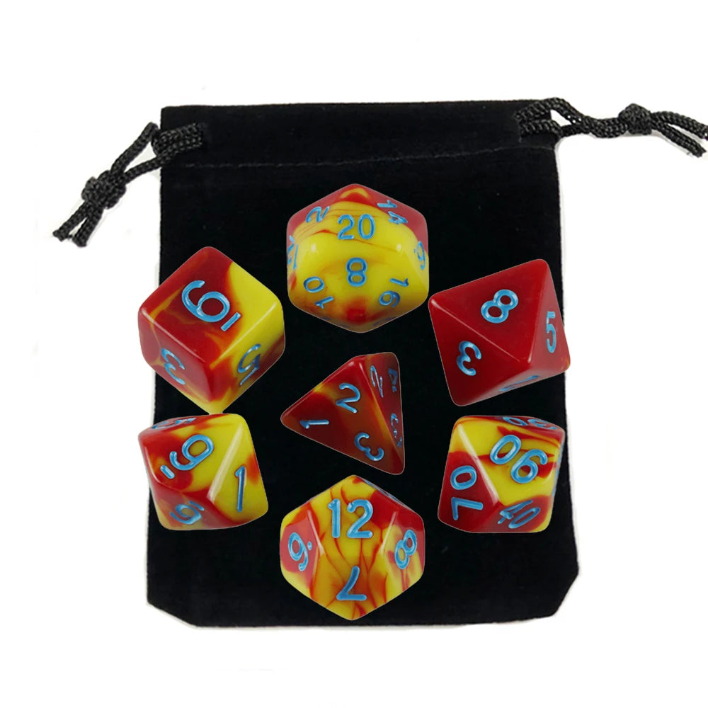 Dés polyédriques avec sac — jeu de société, jeu de rôle, d4, d6, d8, d10, d12, d20, 7 pièces