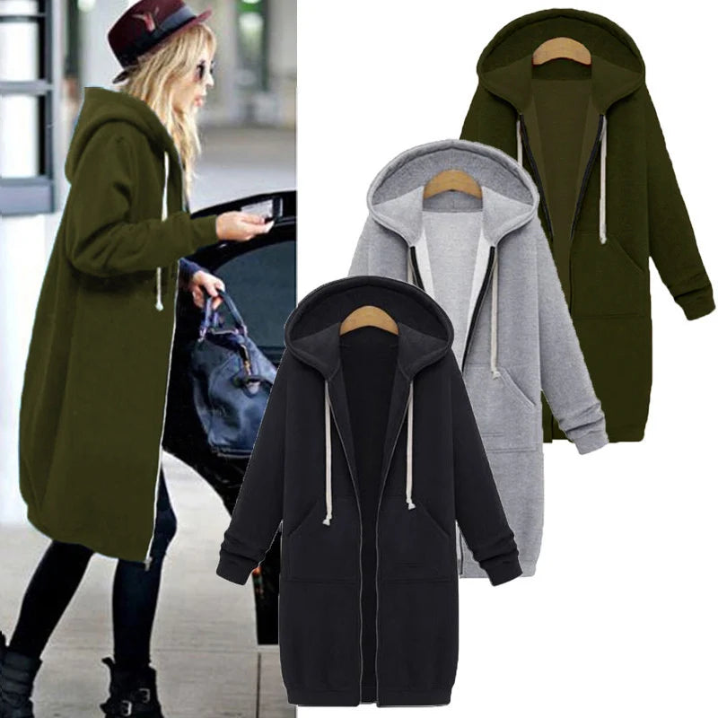 Women's Thick Hooded Parka, Loose Jacket with Zipper, Pockets, Maxi Length, Sporty Dress, Outerwear, Autumn Winter 2024