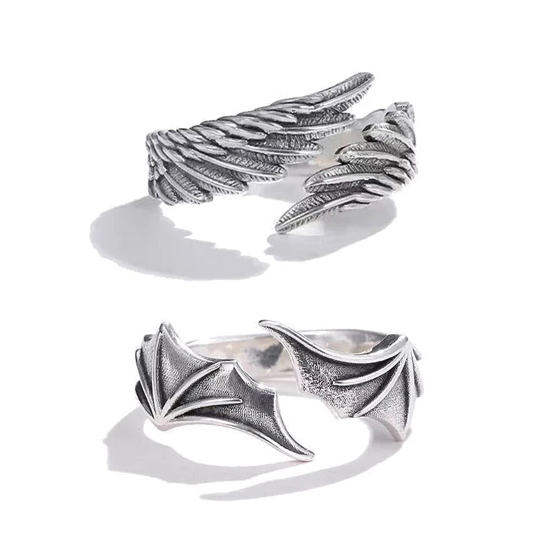 Bagues Vintage Aile Chauve-Souris Hip Hop — 2 Pièces Réglables Argent Fête