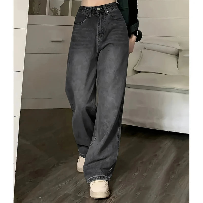 Pantalones vaqueros de mujer de talle alto, estilo urbano, de diseñador, de pierna ancha, gris clásico, gótico, de corte recto, moda