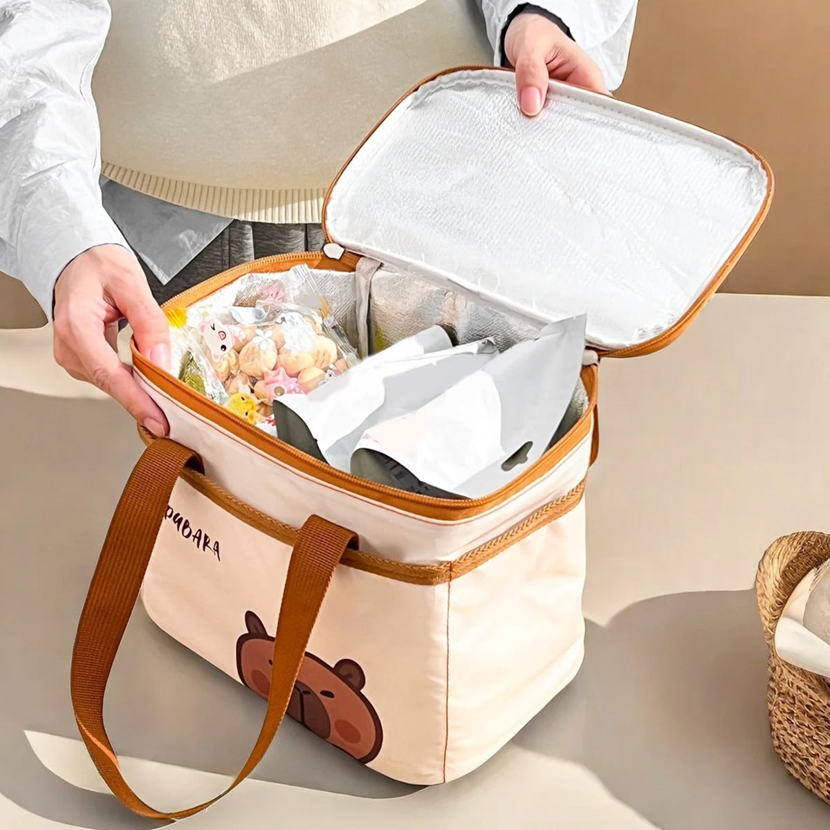 Fiambrera térmica de capibara bonito para estudiantes y niños, bolsa térmica portátil de gran capacidad a prueba de fugas para alimentos, nevera reutilizable para picnic