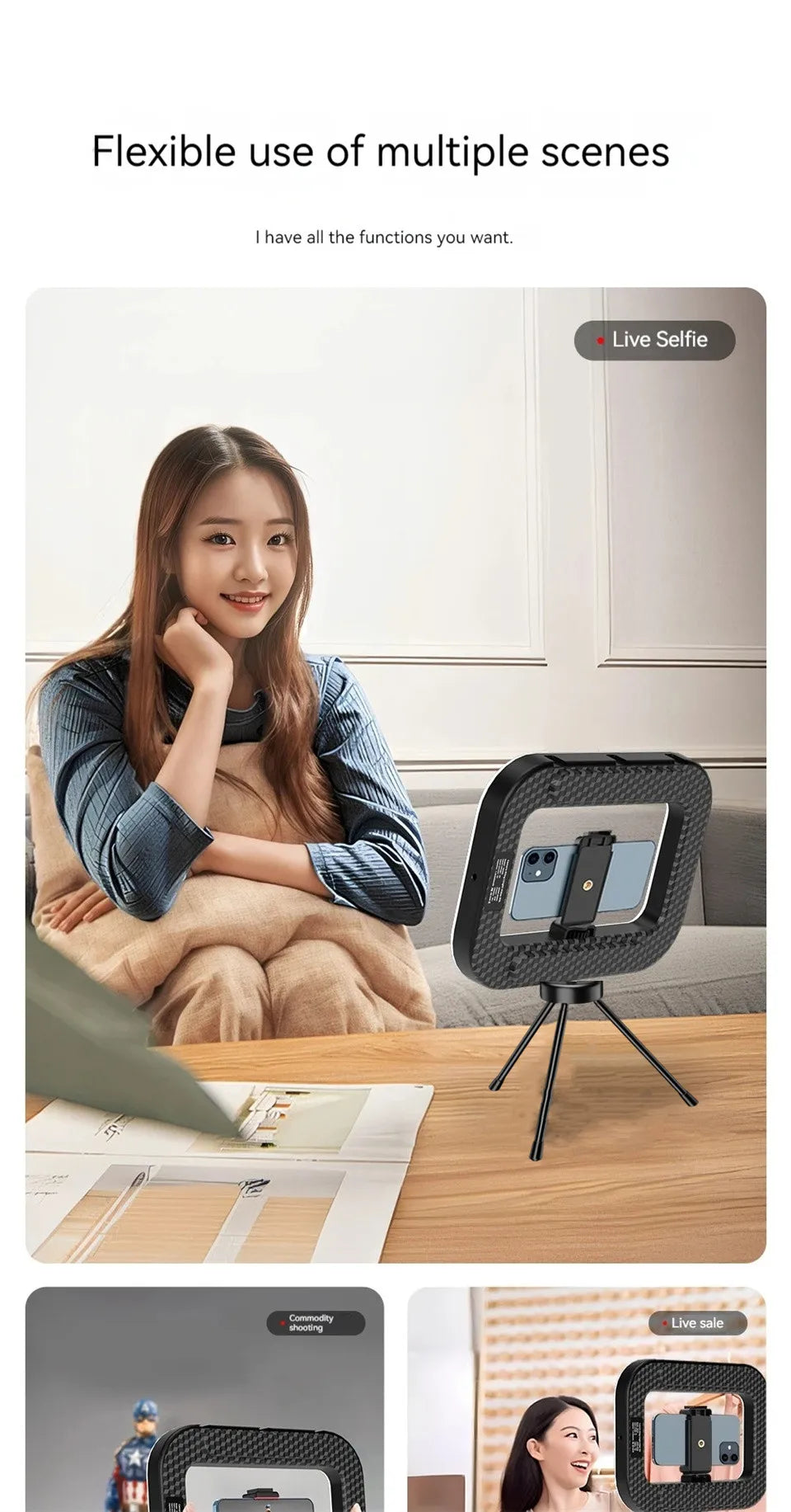 Anneau LED rechargeable portable — selfie, diffusion en direct, photographie, bureau