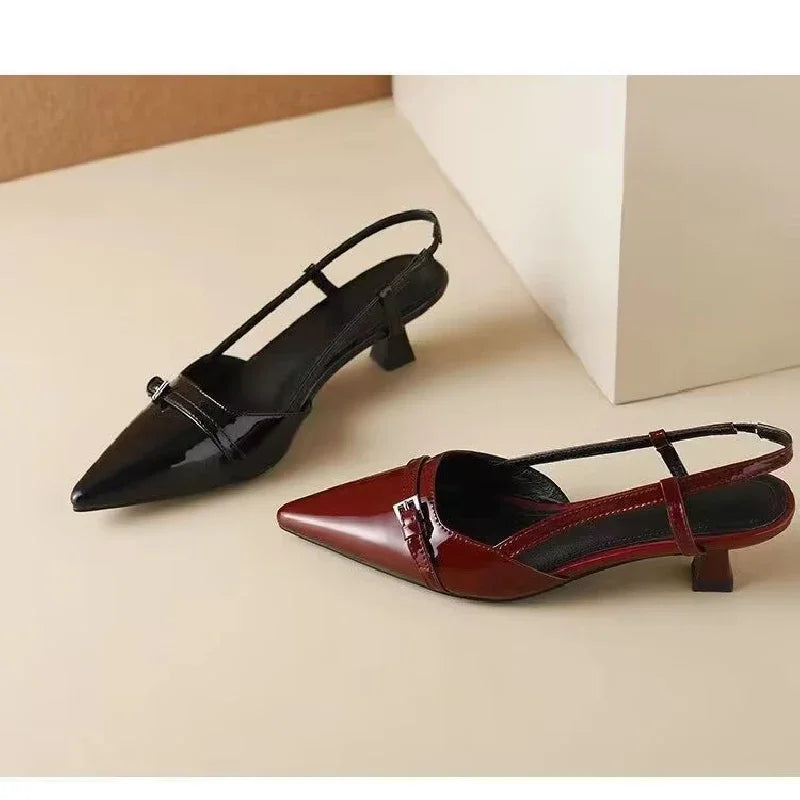 Sandalias de mujer de encanto retro en burdeos con puntera puntiaguda, tiras individuales y tacones bajos sandalias Mujer Zapatos de verano Mujer