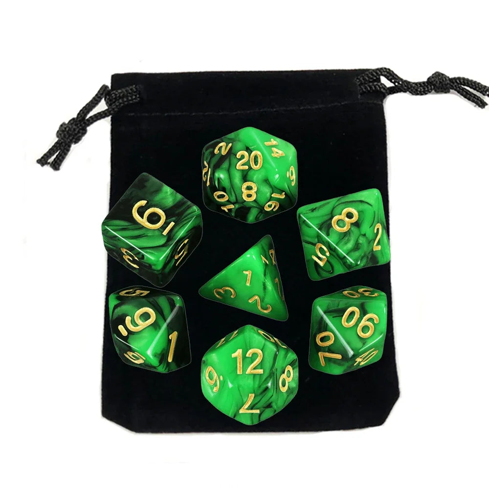 Dés polyédriques avec sac — jeu de société, jeu de rôle, d4, d6, d8, d10, d12, d20, 7 pièces