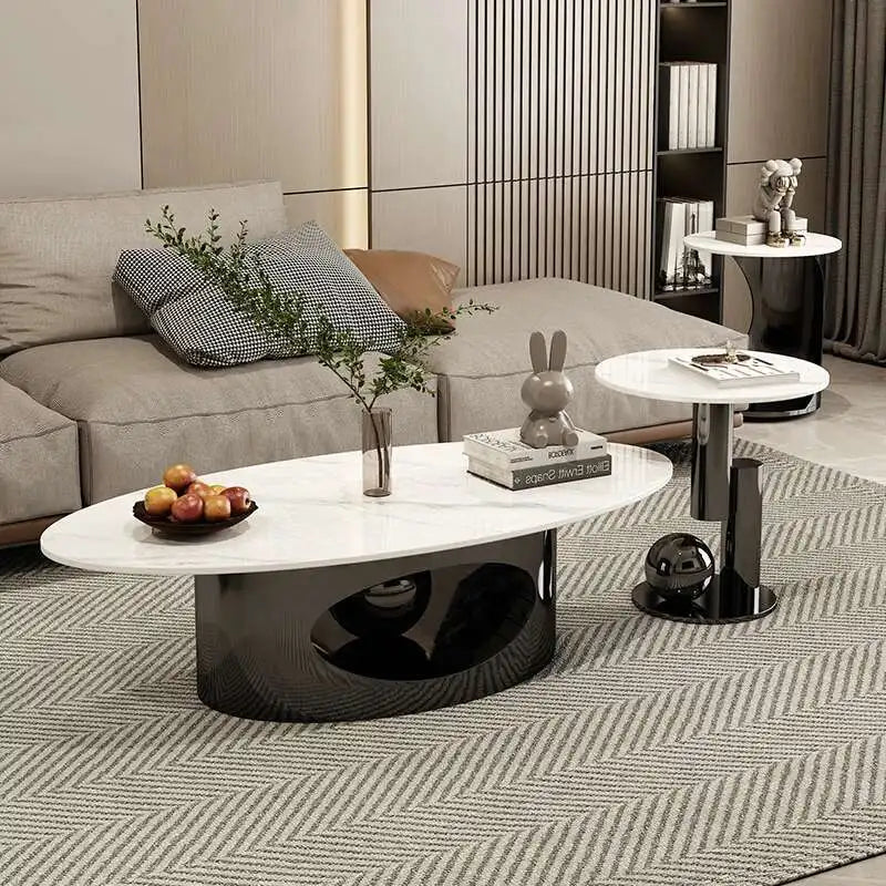 Tables basses modernes effet marbre — pieds métal blanc, table d'appoint ovale, nordique, salon, meubles