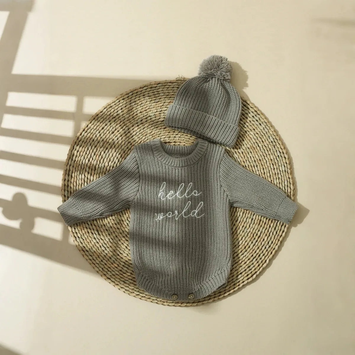 Barboteuse tricotée pour nouveau-né — chapeau à pompon, pull bébé garçon et fille, séance photo HD (v5)