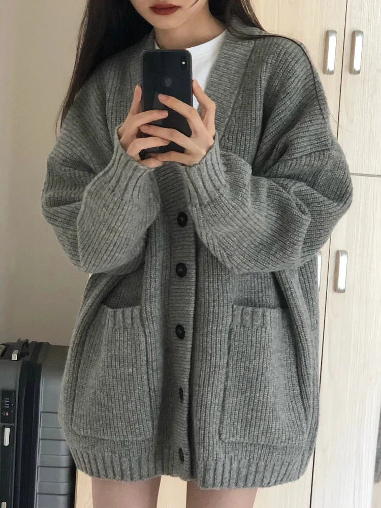 Automne hiver femmes Cardigan pull manteaux mode femme à manches longues col en v lâche tricoté vestes pull décontracté Cardigans