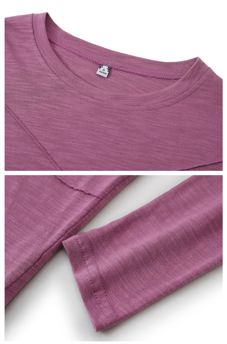 2026 printemps à manches longues femmes col rond bambou coton T-Shirt élégant ample côtelé mode T-Shirt dames Simple hauts