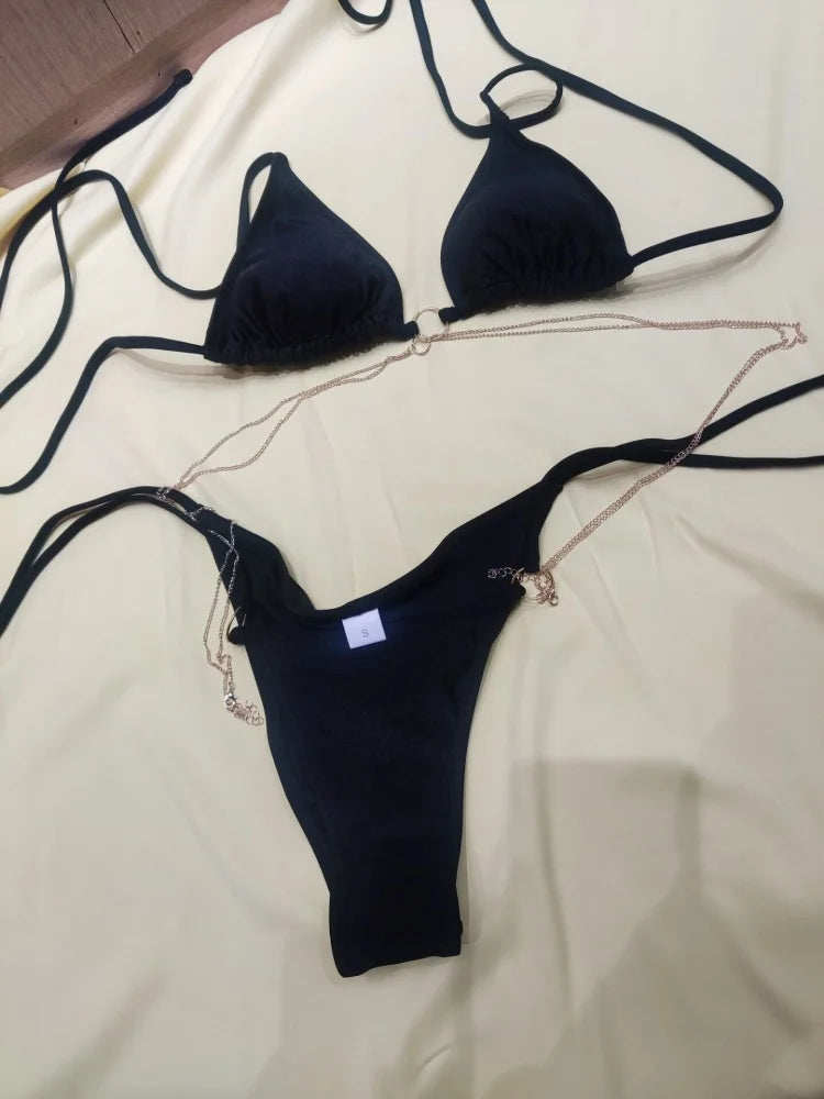 Sexy Triangle chaînes Bikini ensembles Micro tongs maillot de bain femmes maillot de bain Biquini pansements de plage maillot de bain imprimé string Bikini