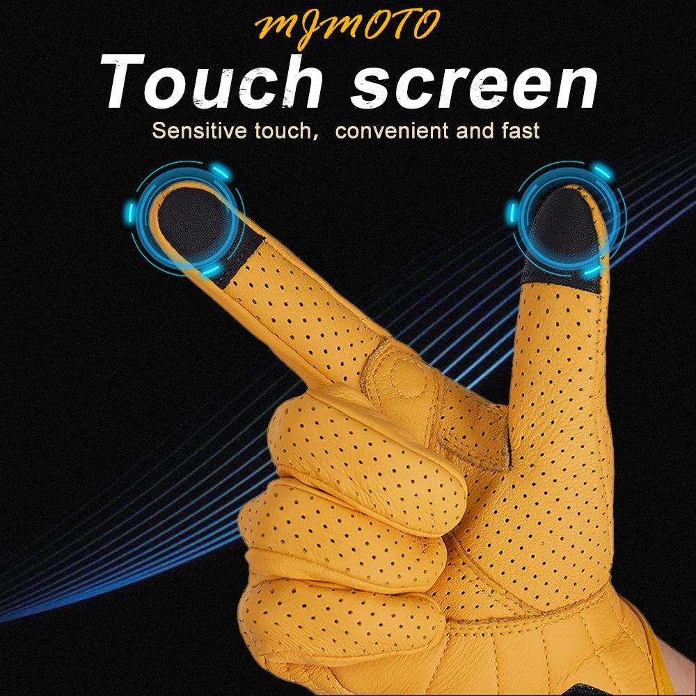 Gants de Moto Rétro en Cuir Jaune pour Homme et Femme, Accessoire Perforé et Respirant pour Course de Vélo, Écran Tactile, Motocross