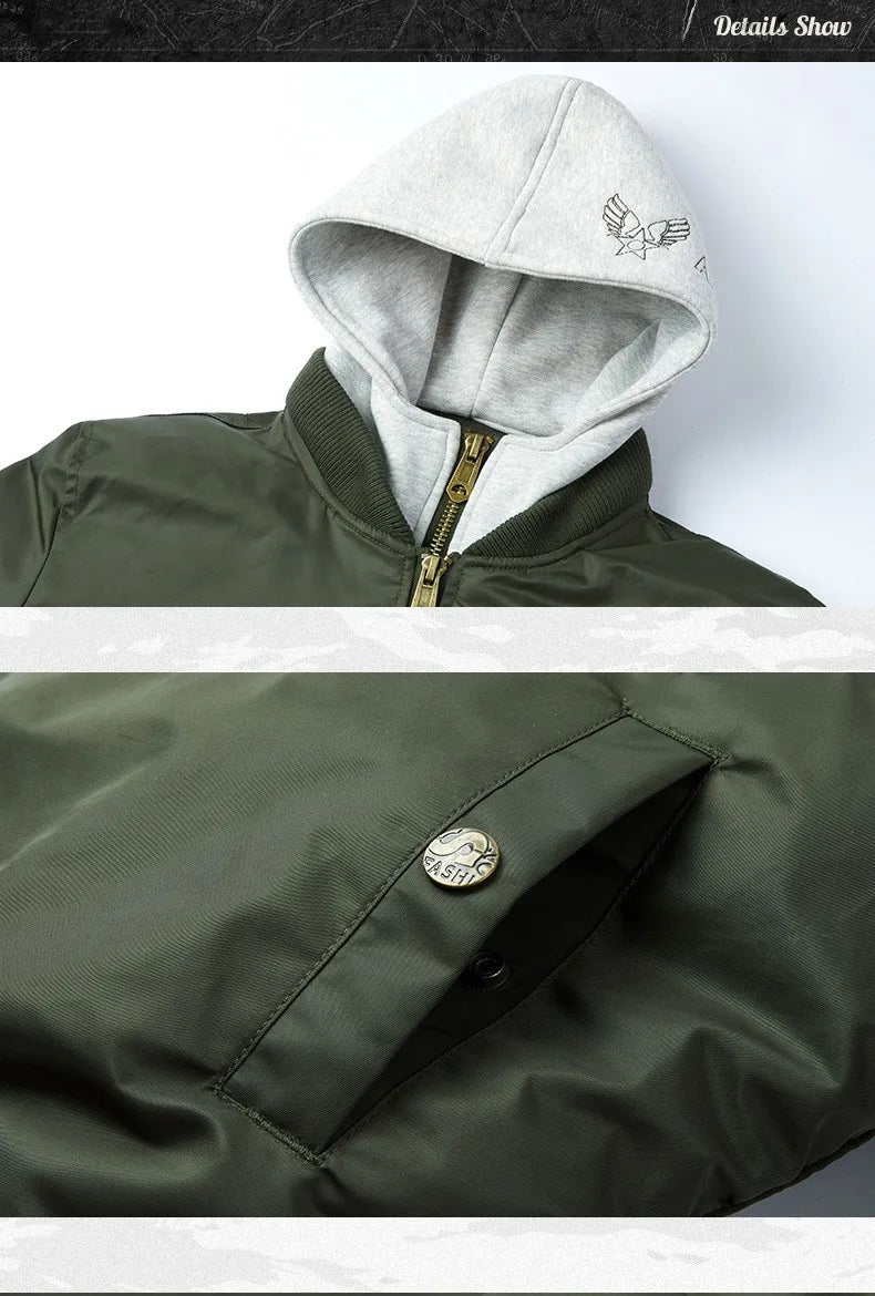 Men's Thick Hooded Bomber Jacket, Military Windbreaker, Multi-Pocket Air Force Coats, Autumn Streetwear, Baseball Jackets, Winter