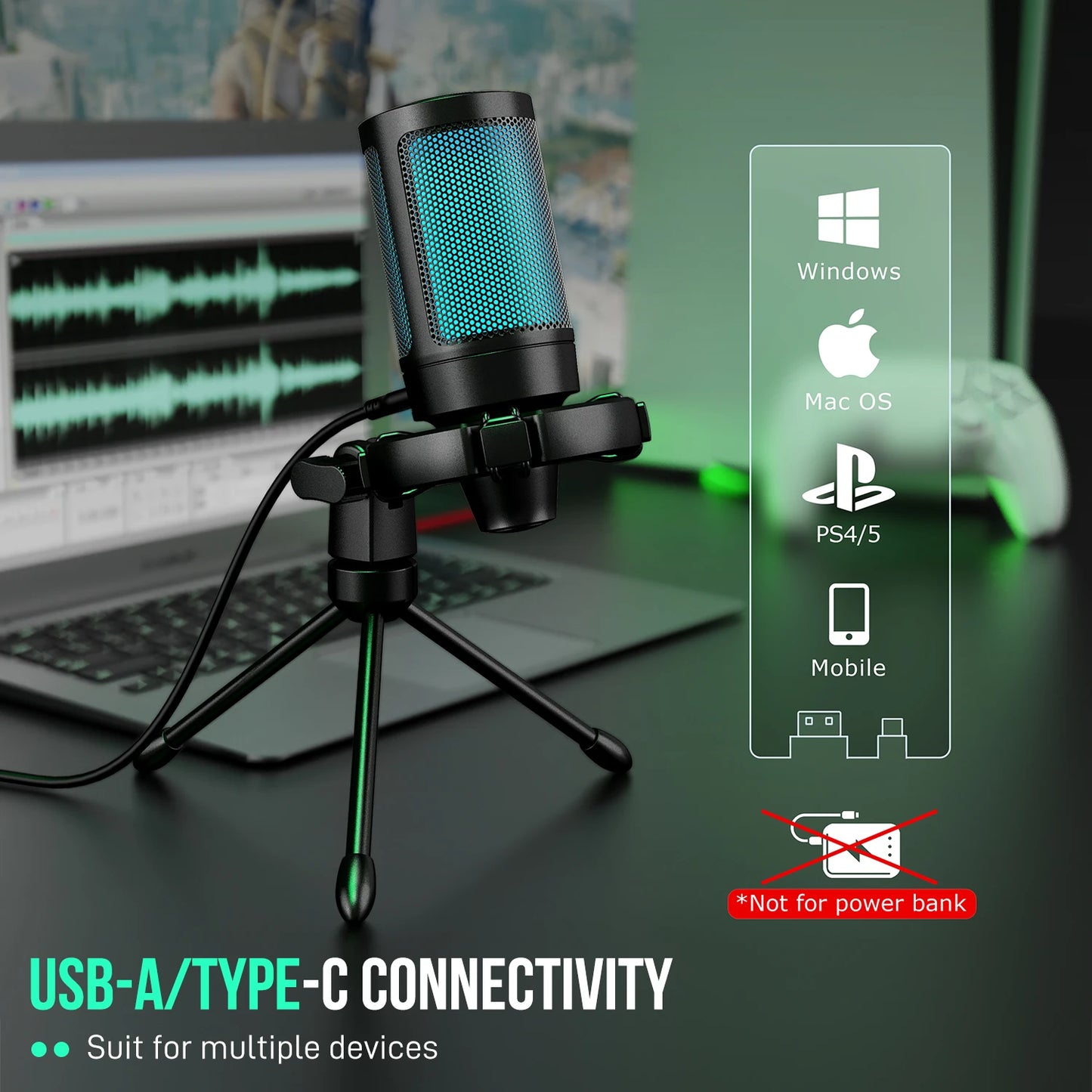FIFINE AmpliGame A2 – Microphone USB gaming RGB avec sourdine tactile et trépied pour PC, PS4/5 et laptop