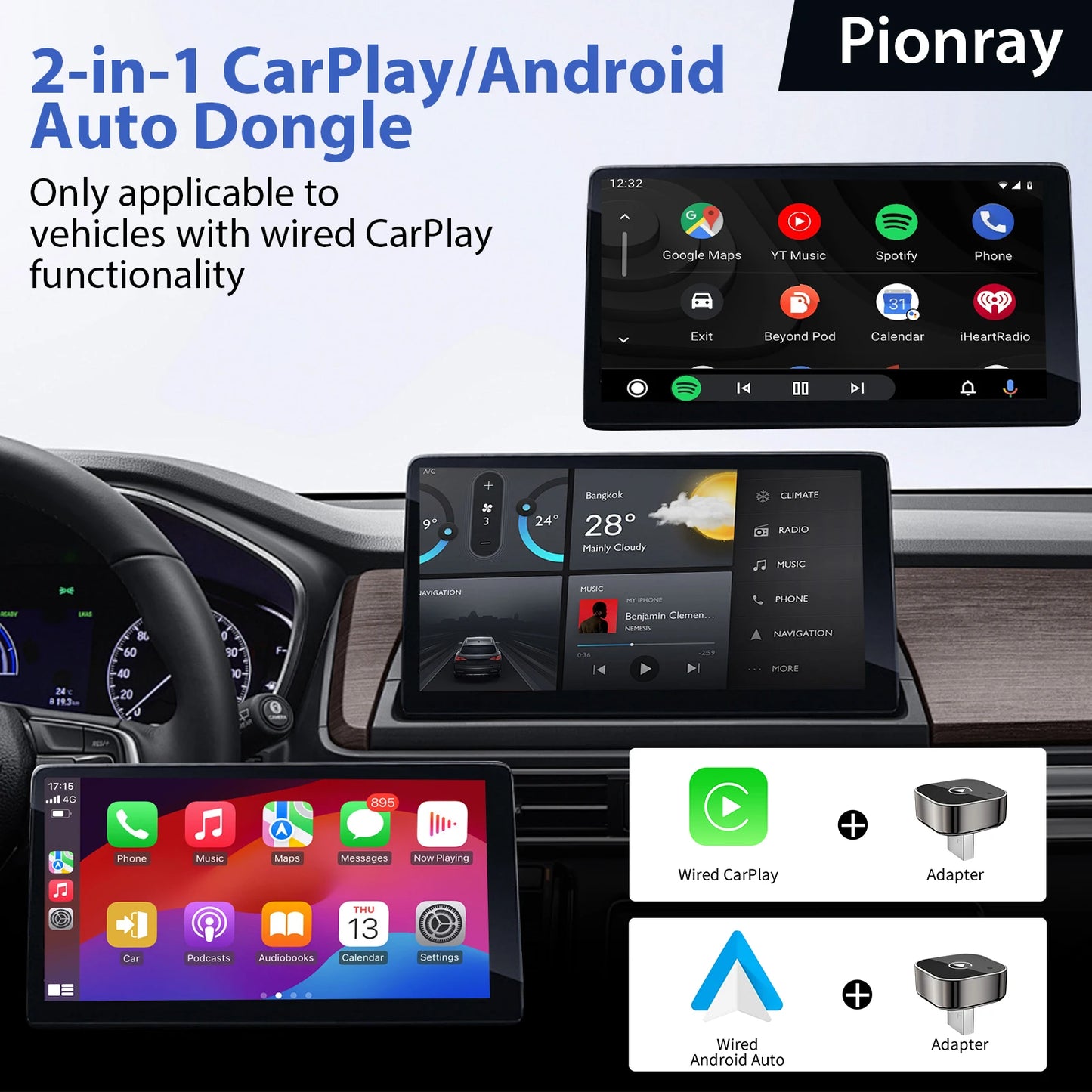 Adaptateur sans fil 2 en 1 pour voiture — WiFi 5G rapide, Plug and Play, USB-C