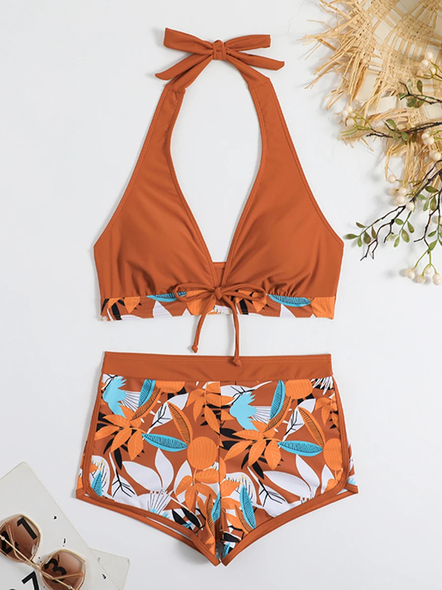 Ensemble de bikini halter 2026, maillot de bain court pour femme, maillot de bain taille haute imprimé, tenue de plage