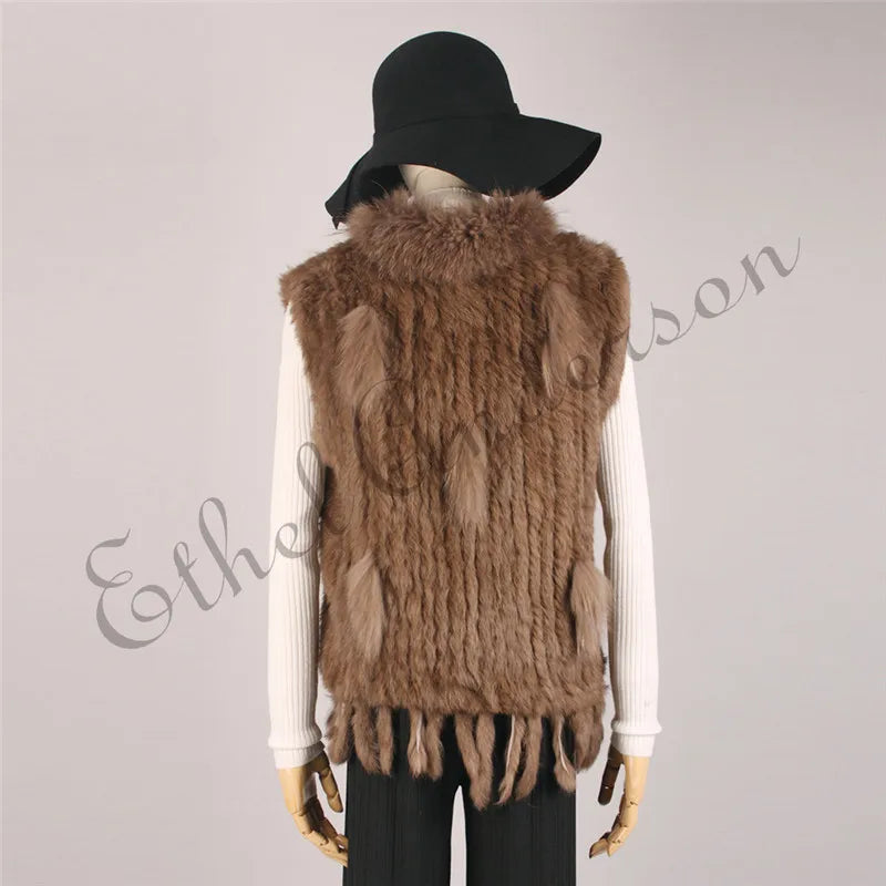 Gilet à glands en véritable fourrure de lapin tricoté — vintage, garniture fourrure raton laveur