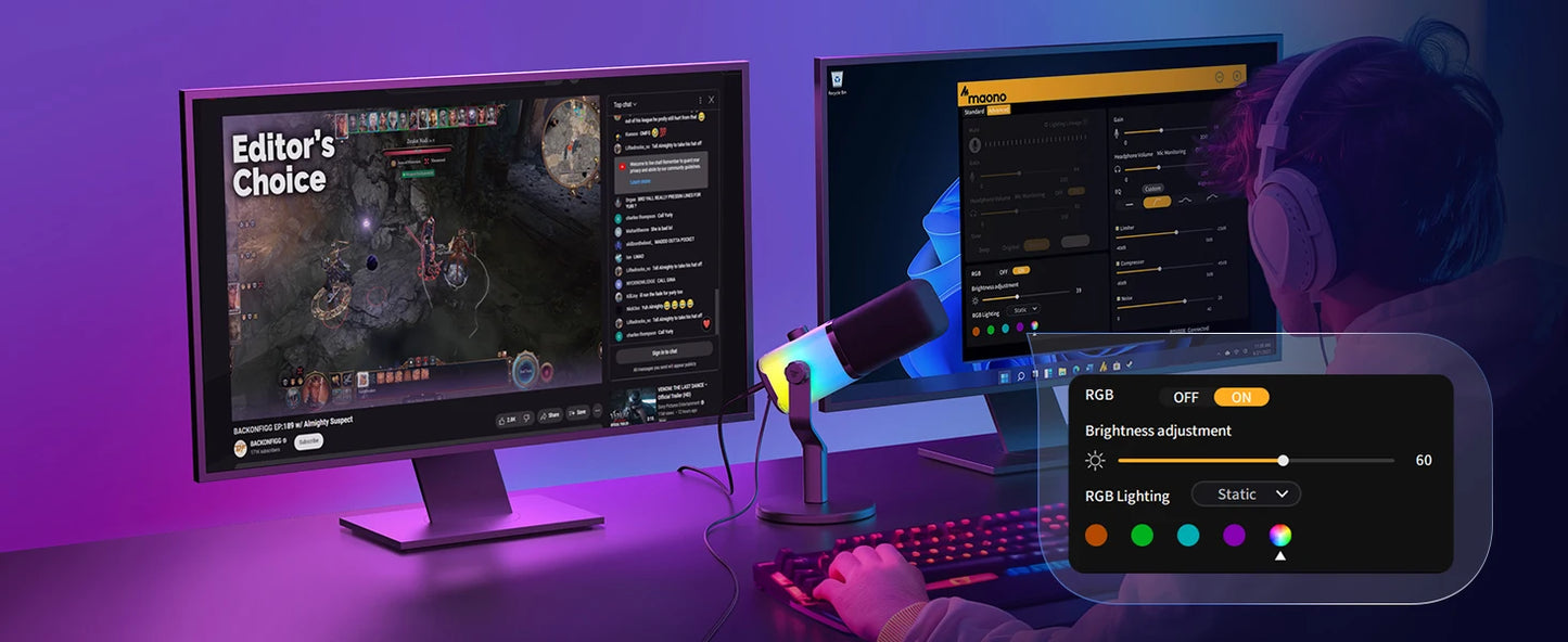 MAONO PD100X – Microphone gaming dynamique USB/XLR avec LED RGB, EQ et bouton muet pour PC et PS4/5