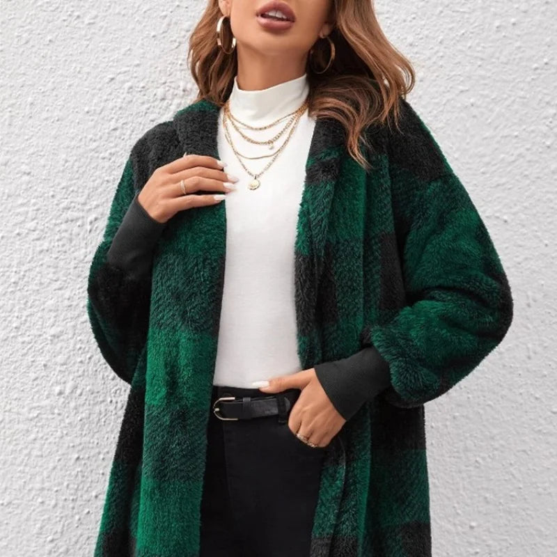 Cardigan Double polaire à carreaux pour femme, doux, ample, manches longues, peluche, chaud, veste à capuche, Patchwork, manteau d'extérieur, automne hiver