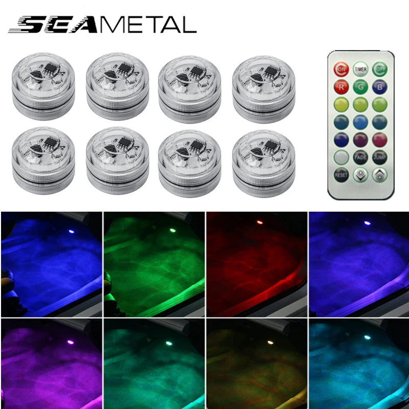 Lumière ambiante LED sans fil pour voiture — intérieur, toit, pied, atmosphère, télécommande, style diamant