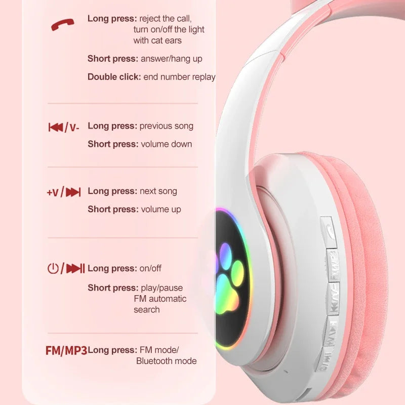 Lampe Flash oreilles de chat mignonnes, casque d'écoute stéréo bluetooth 5.0 avec Support de micro, carte TF, sans fil, pour enfants filles, cadeau d'anniversaire