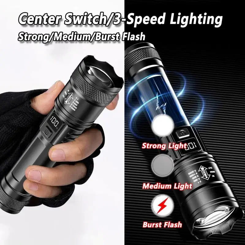 Lampe de poche LED Ultra lumineuse 2000LM type-c Rechargeable longue portée Zoom torche tactique extérieure d'urgence Camping pêche lanterne