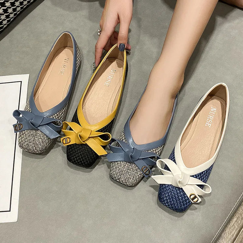 Women's shoes 2025 new woven knot square toe women's ballet flats soft sole large size women's fashion shoes Chaussure Femme