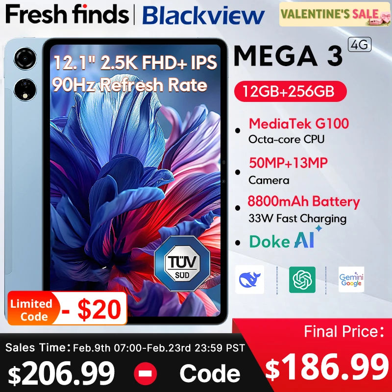 【Estreno mundial】 Blackview MEGA 3 Tablet 12.1" 2.5K 90Hz Pantalla 12GB 256GB 8800mAh Cámara 50MP Carga Rápida 33W Android 15 Pa
