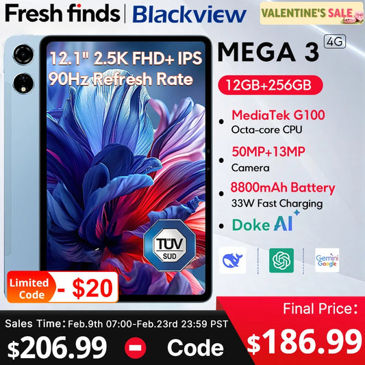 [World Premiere] Blackview MEGA 3 Tablet 12.1" 2.5K 90Hz Display 12GB 256GB 8800mAh 50MP Camera 33W Fast Charging Android 15 Pa