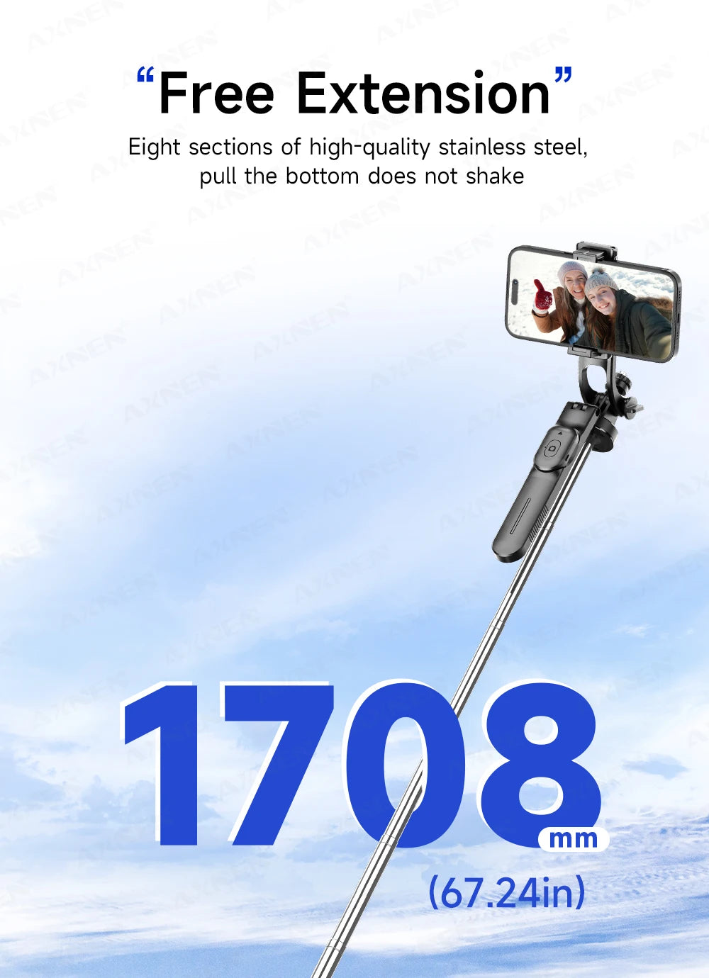 Perche à selfie trépied 1708mm avec télécommande Bluetooth — rotation 360°, interface 1/4", lumière optionnelle