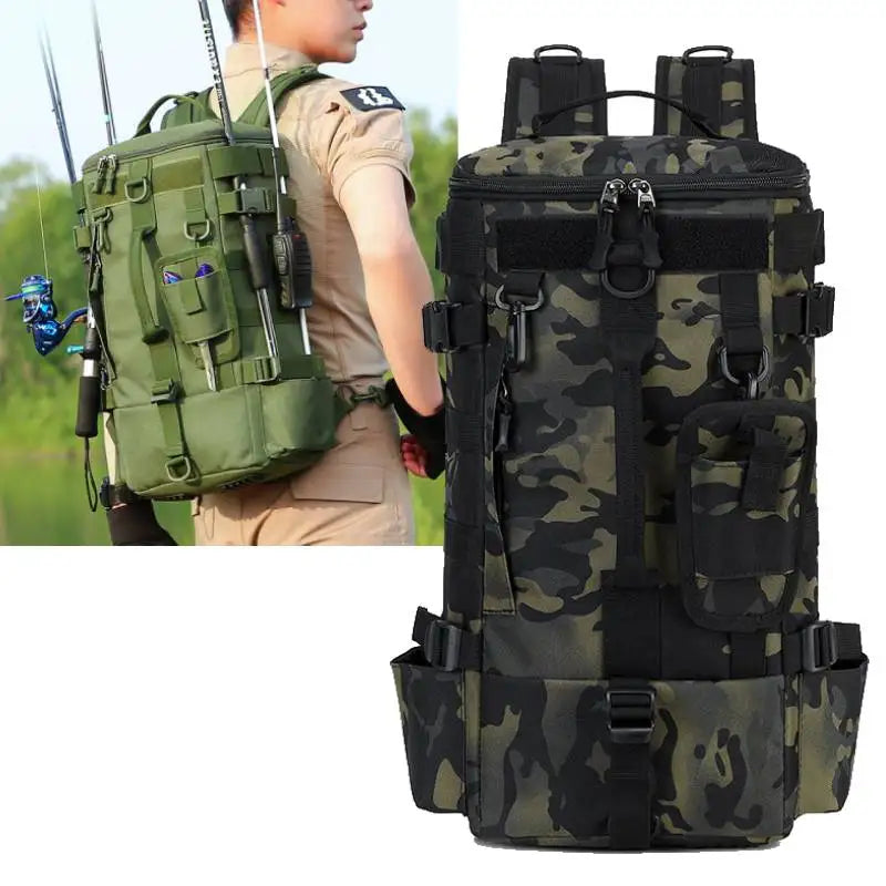 Sac à dos de pêche tactique, sac de matériel avec porte-canne, rangement d'équipement de poisson Molle Camping randonnée sac multifonctionnel en plein air