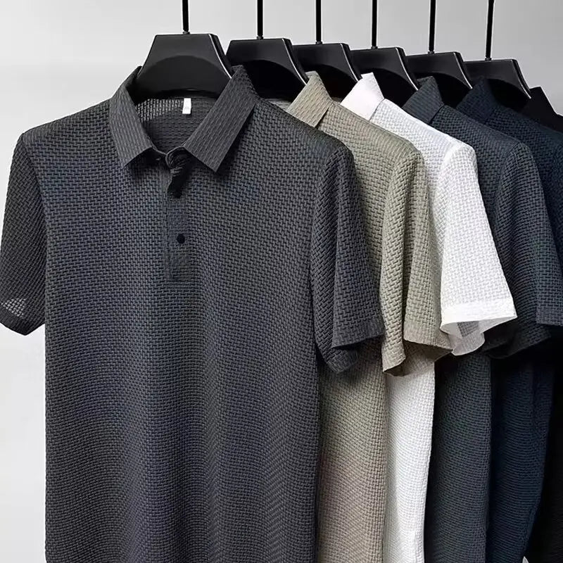 Summer New Men's Lapel Hollow Short-sleeved Polo T-Shirt Ice Silk Breathable Business Fashion Male T-Shirt Brand Clothing