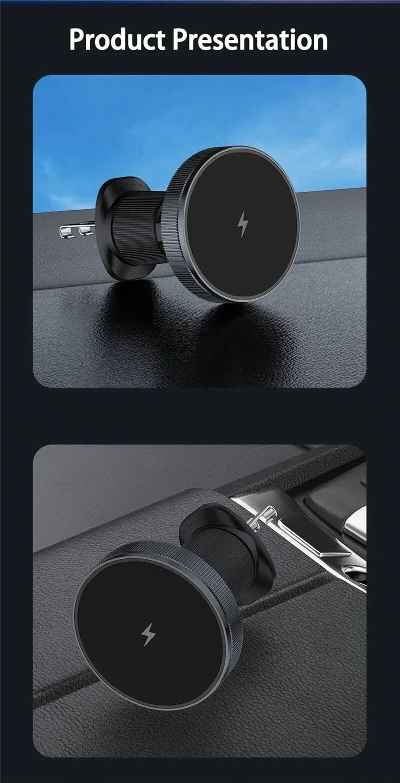 Chargeur de voiture magnétique sans fil — lumière LED, sortie d'air, support téléphone, charge rapide