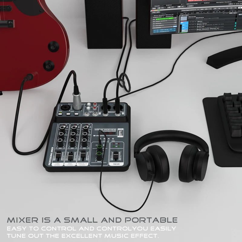 Mélangeur Audio DJ 4 Canaux USB Bluetooth — Console Mixage 48V Karaoké & Studio