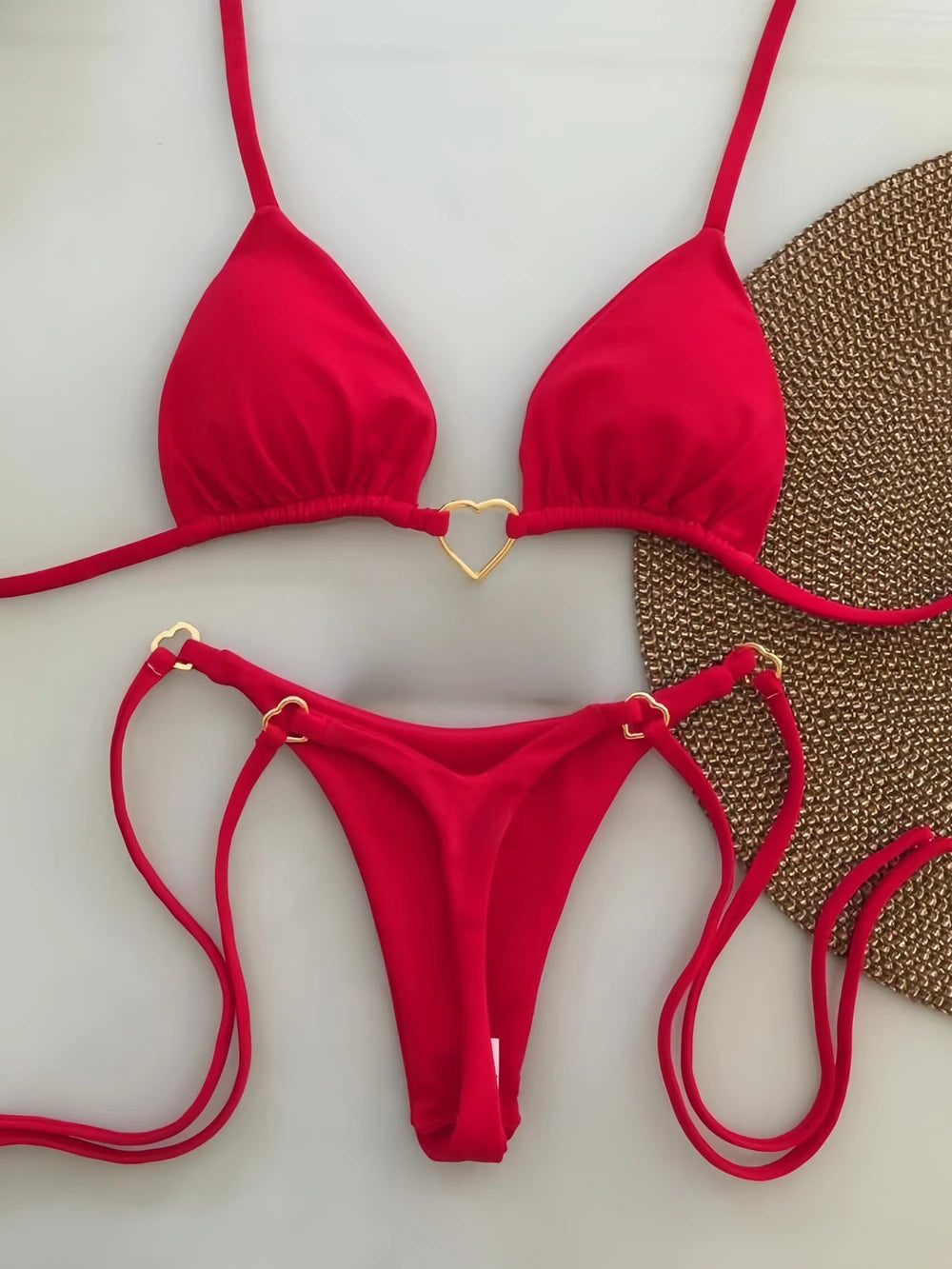 Ensemble bikini sexy dos nu couleur unie taille basse pour femme, maillot de bain deux pièces triangle string brésilien