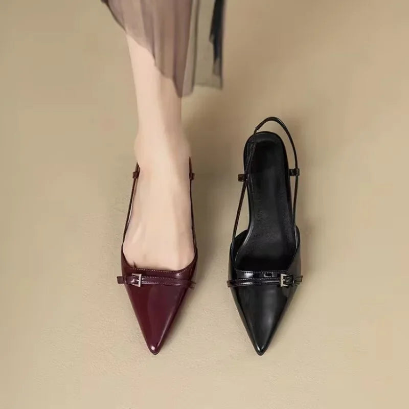 Sandalias de mujer de encanto retro en burdeos con puntera puntiaguda, tiras individuales y tacones bajos sandalias Mujer Zapatos de verano Mujer