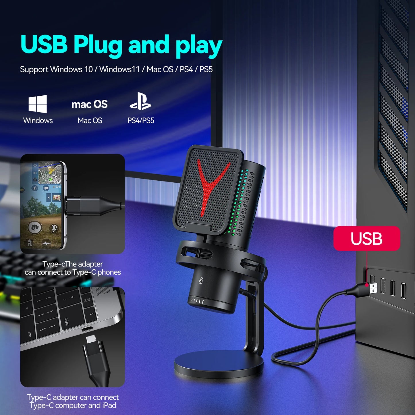 Microphone USB à condensateur pour gaming et podcast – Micro filaire pour PC, streaming et karaoké