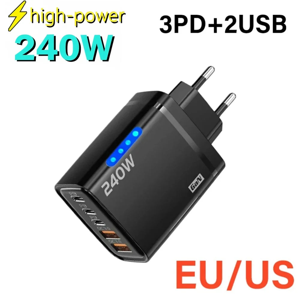 Chargeur de téléphone GaN 5 en 1 240W, adaptateur de charge rapide 10A, câble USB vers Type C, 3 ports PD, 2 ports USB, pour iPhone 16 15 Pro, Xiaomi