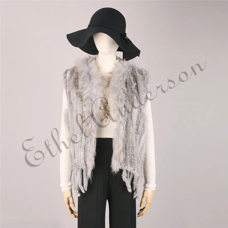Gilet à glands en véritable fourrure de lapin tricoté — vintage, garniture fourrure raton laveur