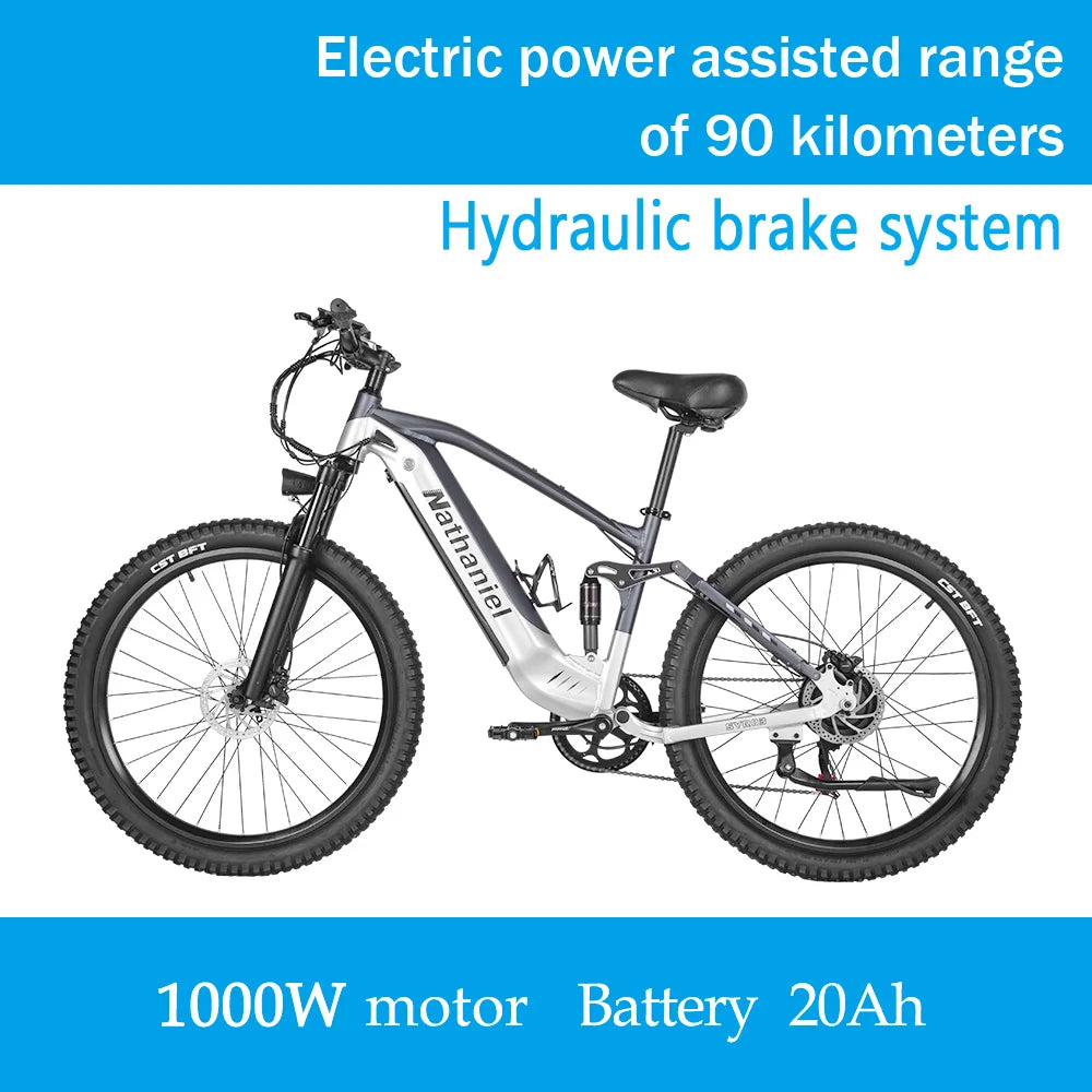 Nathaniel E-Bike, 1000W Brushless Motor, 27.5 Inch Adult Electric Mountain Bike, 45Ah Large Capacity Batteries, 7 Speed, 45KM/H, Outdoor Travel Bike