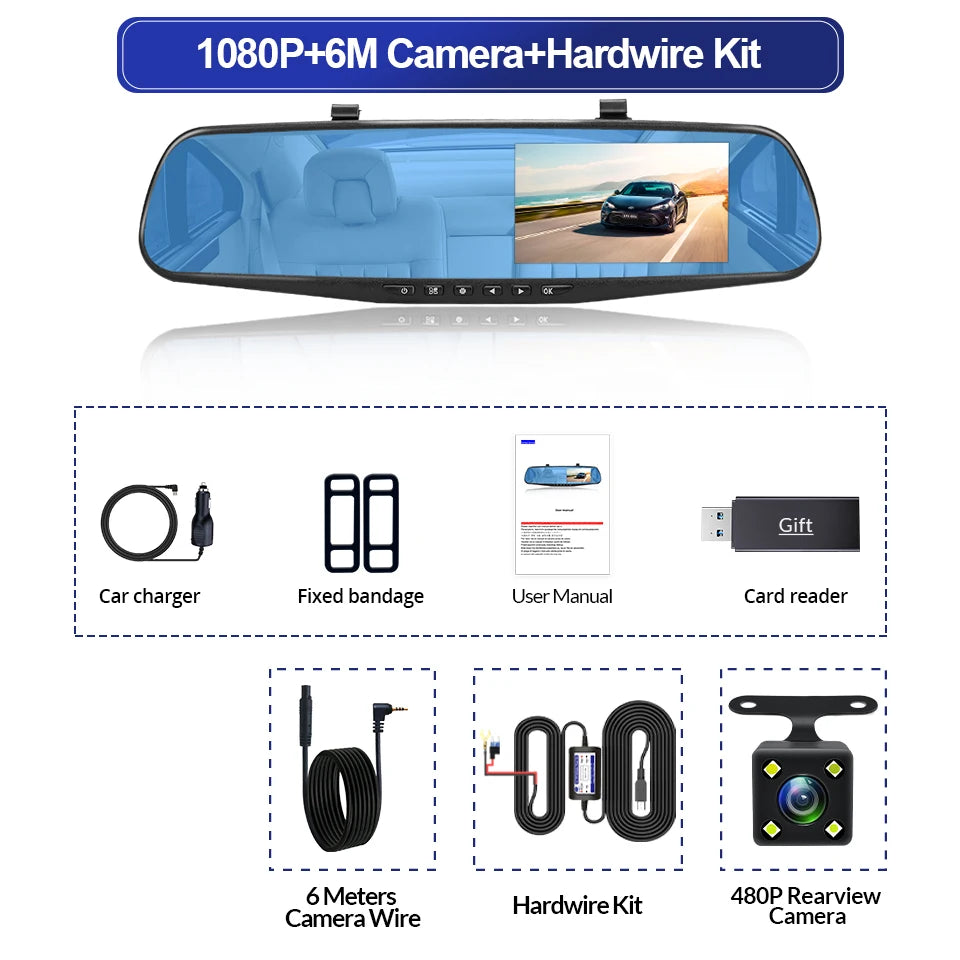 Dashcam Rétroviseur 4,3" FHD 1080P — Double Objectif DVR Enregistreur Voiture