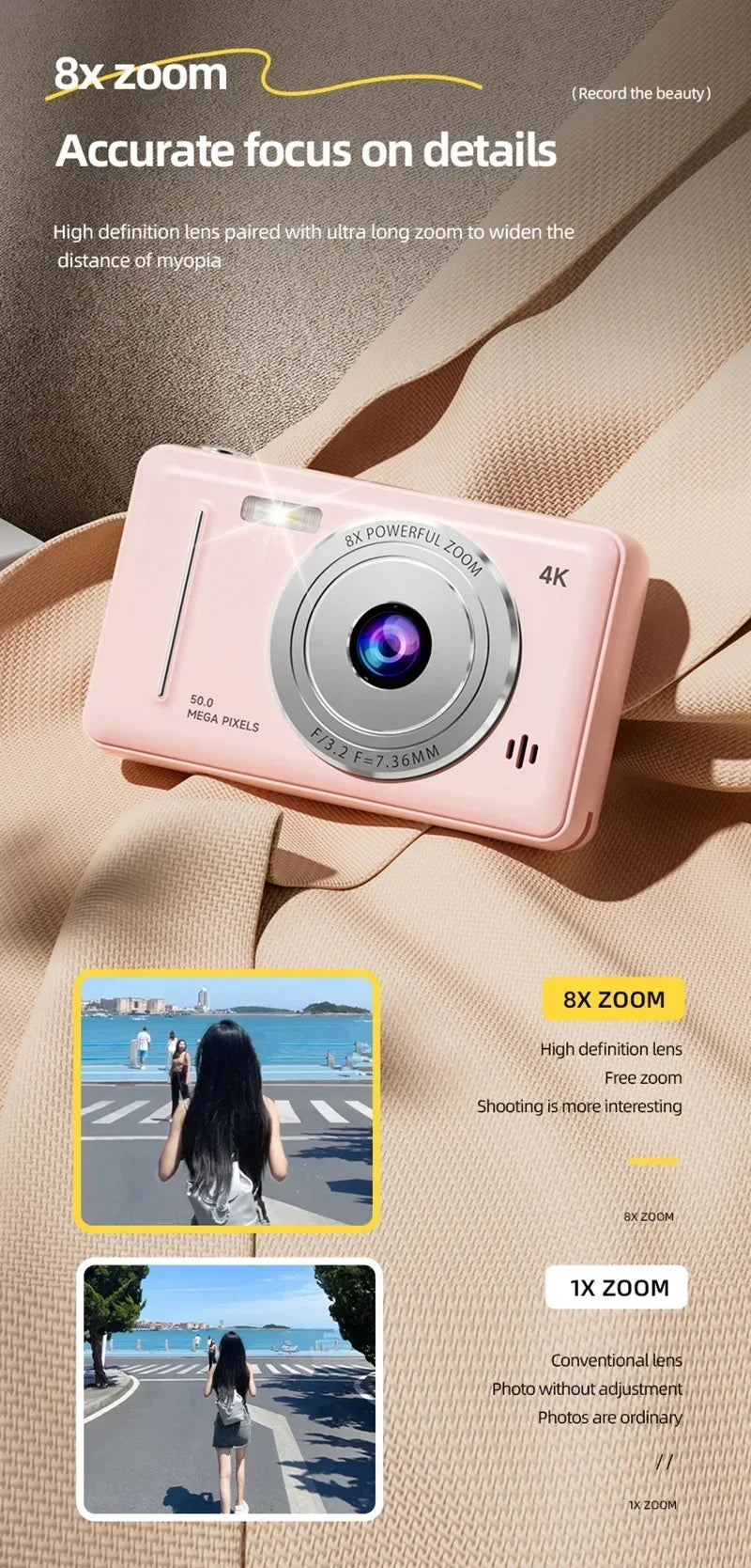 Appareil photo numérique rétro CCD portable — double caméra, flash, 50 MP, mise au point automatique