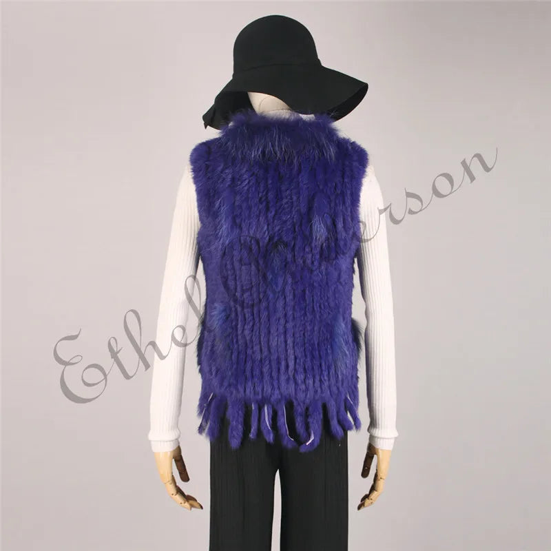 Gilet à glands en véritable fourrure de lapin tricoté — vintage, garniture fourrure raton laveur