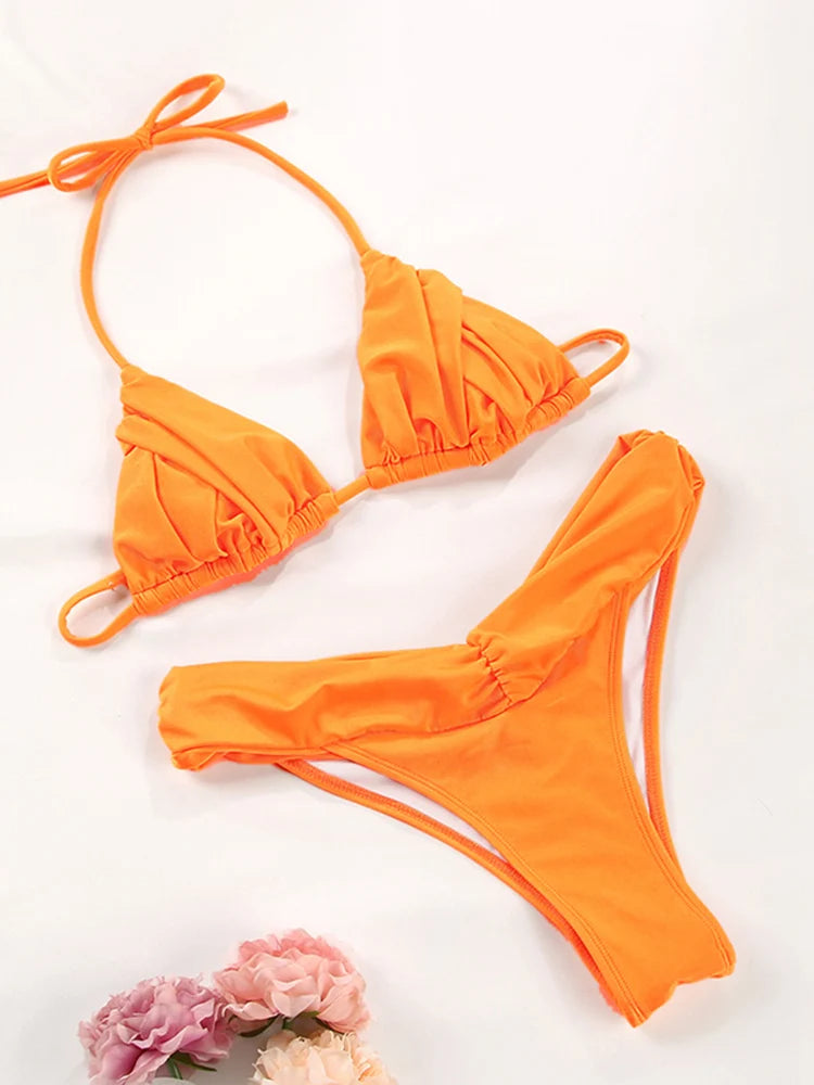 Sexy plis Bikini ensemble solide Micro Bikinis femmes maillot de bain femme Triangle maillots de bain vêtements de plage maillot de bain