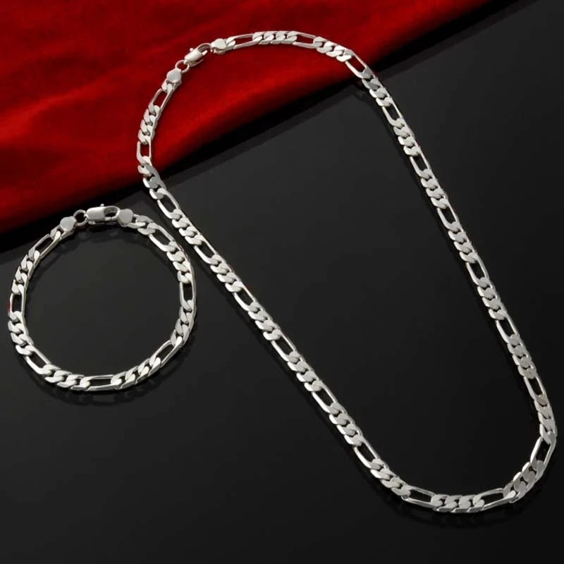 Noble New Arrival 925 Silver 4MM Chain Men Women Bracelet Necklace Jewelry Set Lady Christmas Gifts Wedding Charms