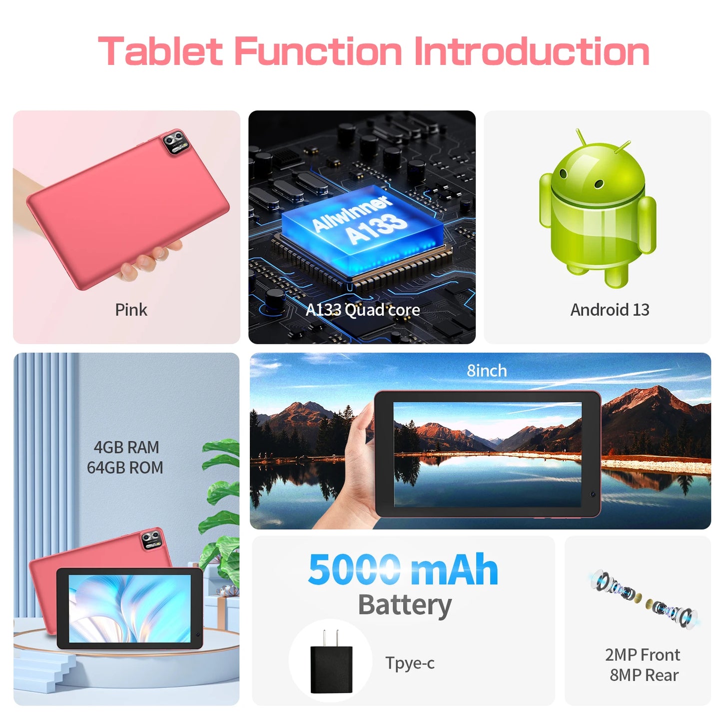 PRITOM – tablet Android 8 pulgadas 14, 8 GB (4 + 4 ampliados) RAM 64 GB ROM, expansión 1 TB, pantalla IPS 1280x800, batería 5000 MAH, doble cámara, WiFi