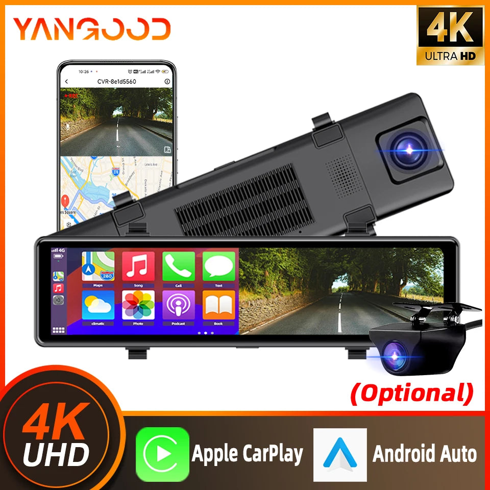 Dashcam Rétroviseur 4K — Carplay Sans Fil Android Enregistrement 24H Stationnement
