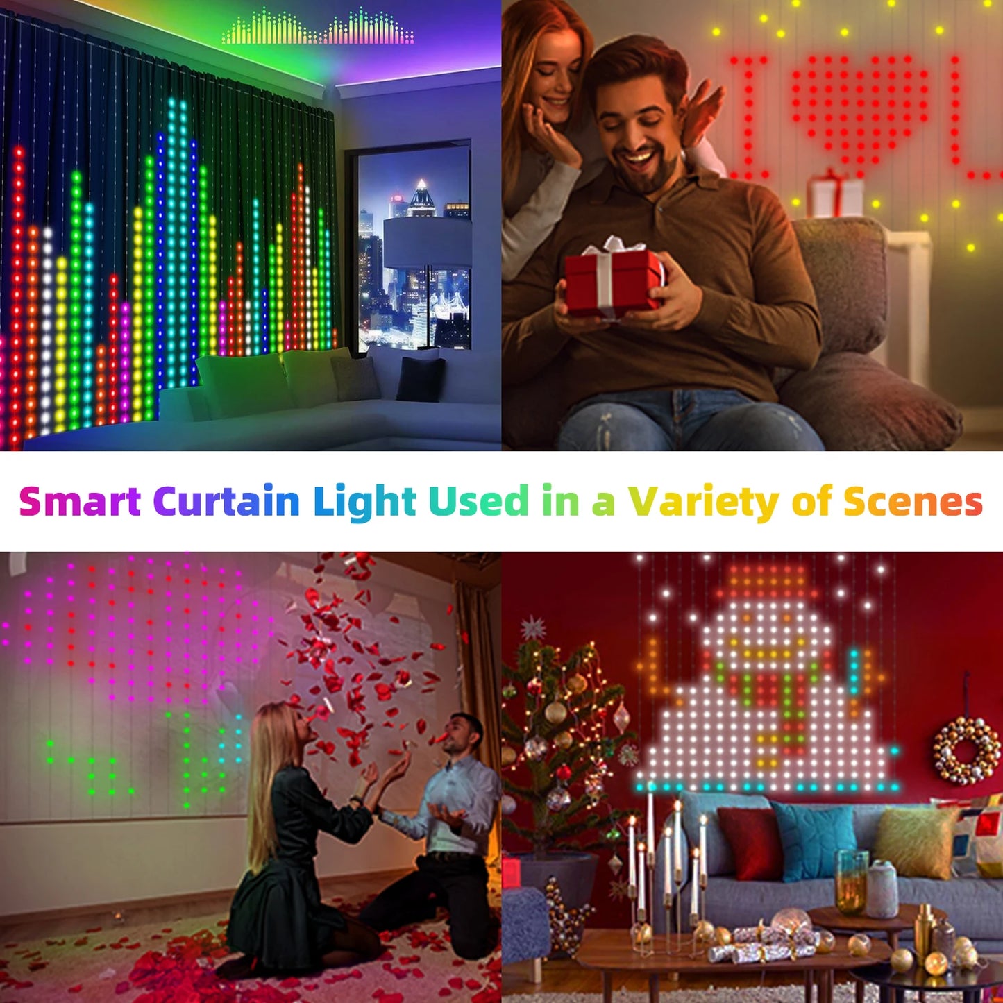 Rideau lumineux Led intelligent, guirlande du nouvel an, guirlande lumineuse féerique RGB, affichage du changement de musique, pour fenêtre, décoration de salle de noël