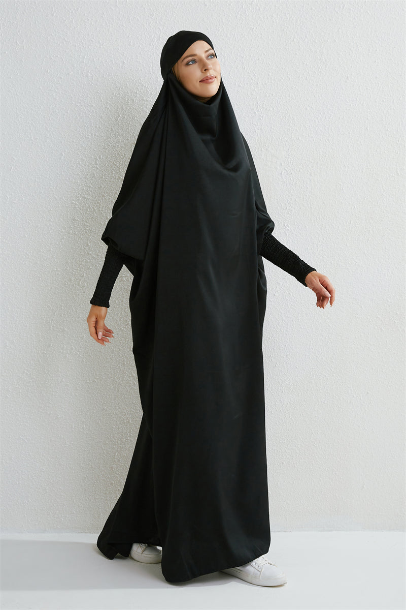 Abaya musulman à capuche manches smockées une pièce Robe de prière femmes Jilbab vêtements islamiques dubaï saoudien Robe noire modestie turque