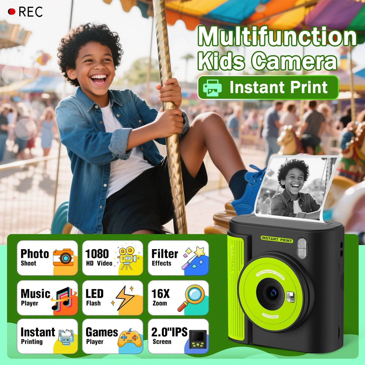 Appareil photo numérique avec impression pour enfants — 3 papiers d'impression, carte 32G, cadeau filles et garçons