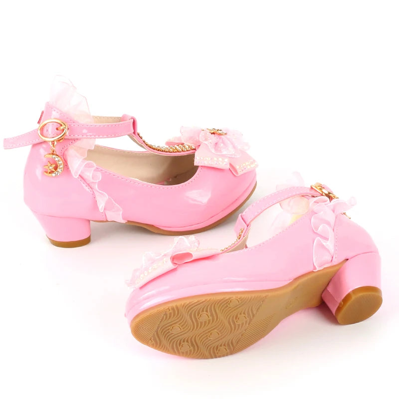 Sandales filles talon haut en cuir rose — boucle, sangle, nœud papillon, taille 26-37, chaussures enfant