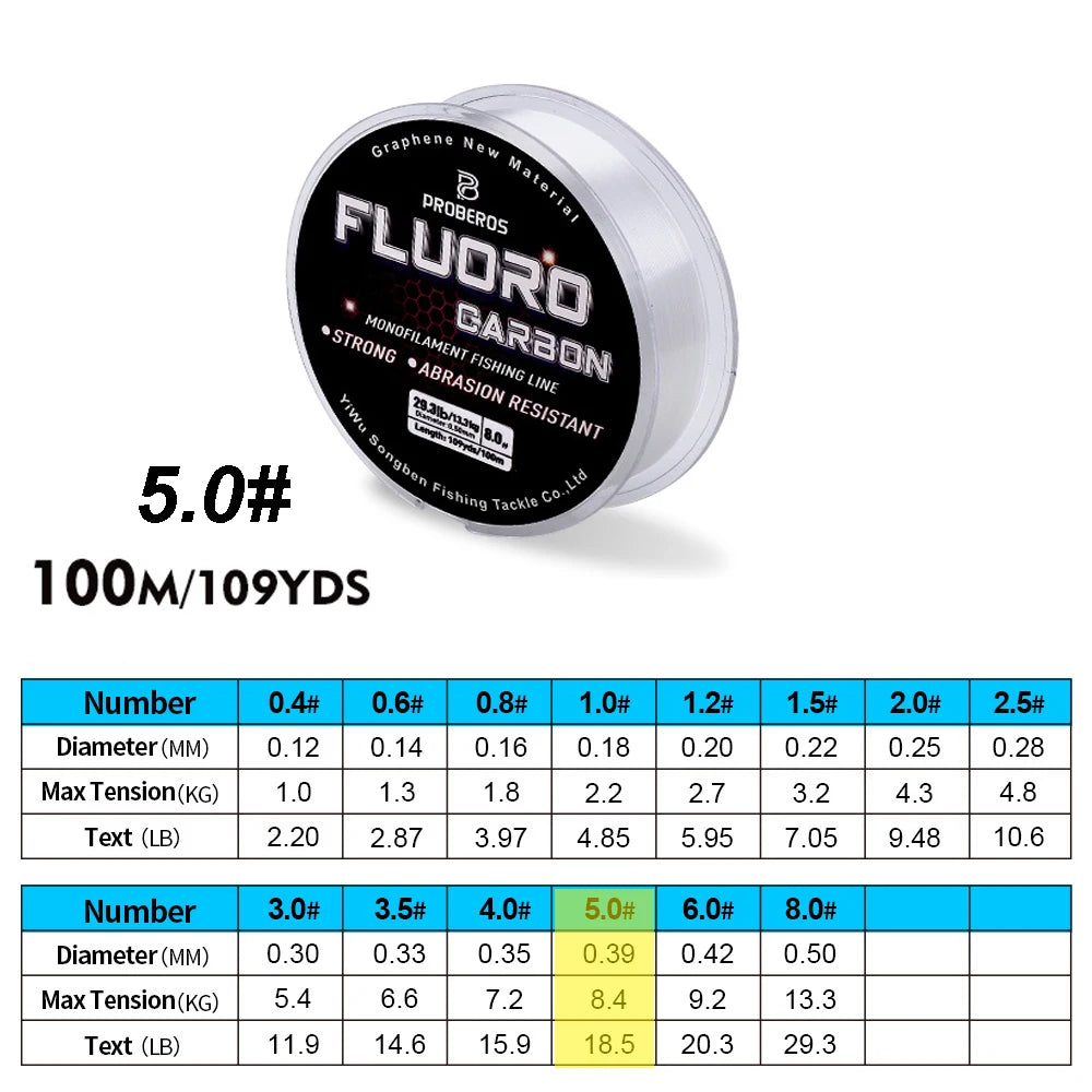 PROBEROS 100M ligne de pêche à revêtement fluorocarbone 2.2LB-29.3LB ligne de Leader Monofilament en Fiber de carbone ligne de pêche à la carpe
